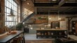 © CraftyImago - Industrial loft interior with brick walls, salvaged wood furniture, vintage lighting, and a kitchen featuring repurposed metal countertops and open shelving.