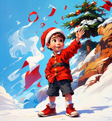 Wall Mural - child costume santa playing in snow