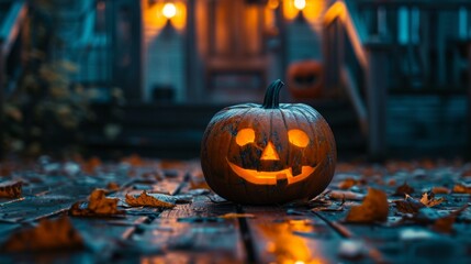 Wall Mural - A pumpkin carved into a jack-o'-lantern is sitting on the ground, AI
