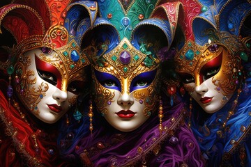 Enigmatic Trio: Lavish Mardi Gras Masks in a Burst of Colors Generative AI