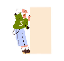 Poster - Surprised character showing blank paper, pointing with finger at vertical advertisement banner. Amazed excited young man advertising something. Flat vector illustration isolated on white background
