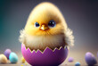 Süßes gelbes Küken sitzt in einem aufgeplatzten, lilafarbenen Ei