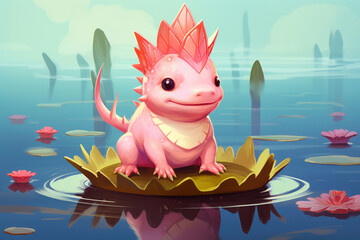 Wall Mural - A cute small pink axolotl wearing a crown, sitting on a lily pad like a king, in a fairy tale style