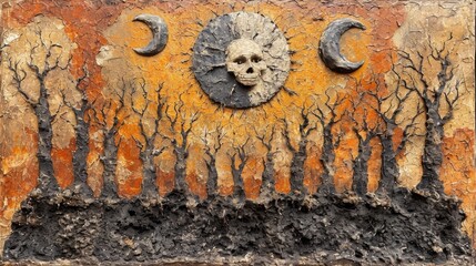 Wall Mural - A painting of a tree with skulls and crescent moons on it, AI