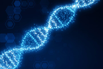 Aufkleber - Glowing DNA helix on blurry blue texture. Medical and heredity genetic health concept. Technology science. 3D Rendering.