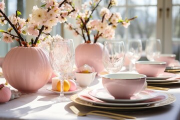 Poster - table setting with spring flowers for Easter celebration. ai generated