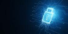 Futuristic Padlock Icon Integrated Into A Glowing Blue Digital Circuit Pattern On A Dark Background. 3D Rendering