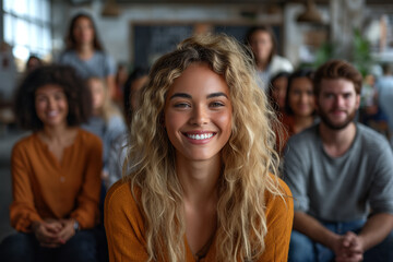 Portrait of a smiling young woman with curly hair in a group of people