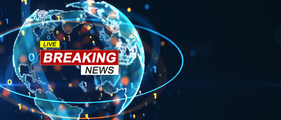 Aufkleber - Live Breaking News title on digital globe background, wide format media template. 3D Rendering