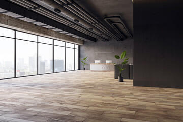 Urban office with city views, modern reception desk, and exposed ceiling pipes. 3D Rendering