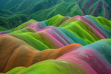 Poster - Surreal colorful landscape inspired by Zhangye Danxia mountains. Background image. Created with Generative AI technology