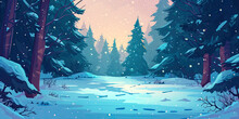 Beautiful Snow Covered Woodland Forest Scene, Video Game Style Anime Graphic Illustrations, Generated Ai