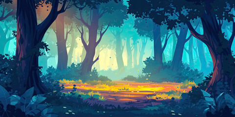 Wall Mural - anime cartoon style woodland forest background banner, beautiful woods, generated ai
