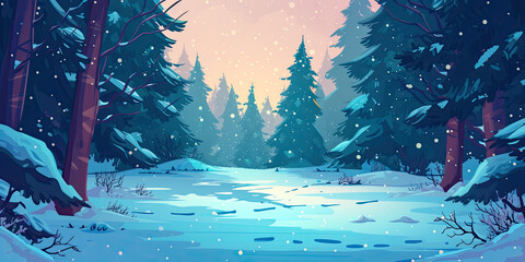 Wall Mural - Beautiful snow covered woodland forest scene, video game style anime graphic illustrations, generated ai