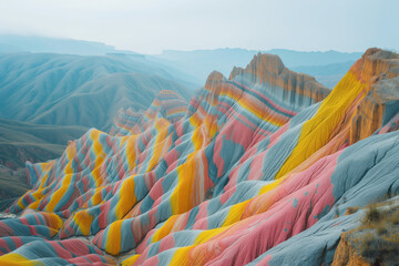 Poster - Surreal colorful landscape inspired by Zhangye Danxia mountains. Background image. Created with Generative AI technology