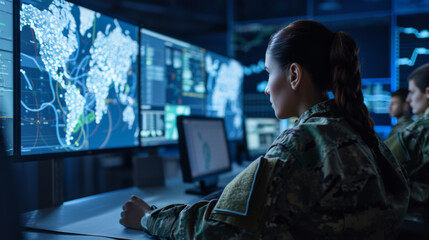 Wall Mural - military personnel is focused on monitoring multiple computer screens in a high-tech surveillance room with global maps and data on the screens