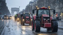 Many Red Farm Tractors Driving Along The Road In The City, With The Arch In The Background, Road Strike