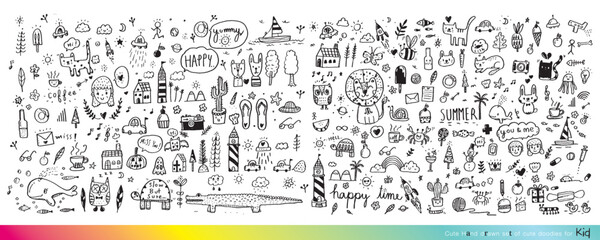 Vector illustration of Doodle cute for kid, Hand drawn set of cute doodles for decoration,Funny Doodle Hand Drawn, Summer, Doodle set of objects from a child's life,Cute animal
