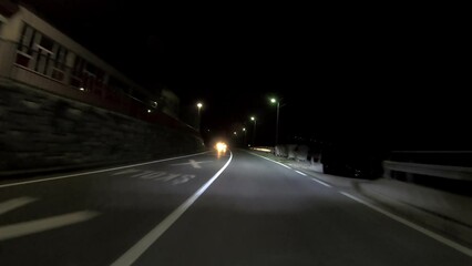 Wall Mural - driving a car on countryside road at night with adaptive matrix headlights