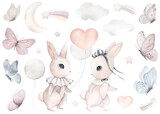 Fototapeta Pokój dzieciecy - Watercolor illustration of cute bunny, rabbit, hare with pink, heart balloon. Brown set of cutie animal portrait in pastel colors with skirt, collar, bow. Stickers, wall art, butterfly, easter
