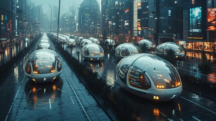 Wall Mural - A city street with futuristic looking cars on it, AI