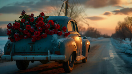 Wall Mural - Red rose decorated vintage car in motion in a winter countryside with snow cover in sunset backlight.