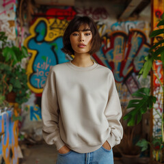 Wall Mural - Beige Sweatshirt Mockup, Woman, Girl, Female, Model, Wearing a Beige Oversized Sweatshirt and Blue Jeans, Fitted Blank Shirt Template, Standing in a Room with Plants, Close-up View