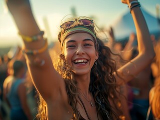 Wall Mural - Young woman having fun at an outdoor music festival.