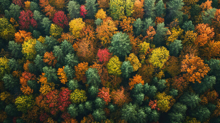 aerial view of forest with beautiful autumn colors of nature drone view Autumn yellow forest and green trees in rural, Drone photo Aerial top view