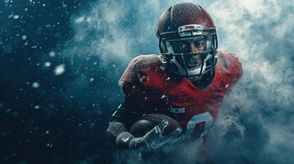 American football sportsman player on stadium running in action. Sport wallpaper with copyspace