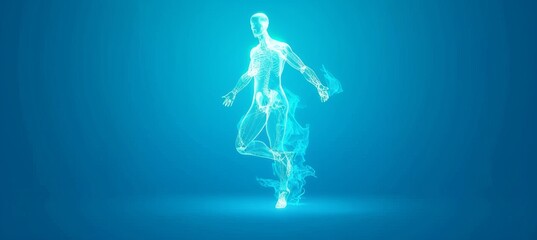 Poster - futuristic interactive holographic human body icon with copy space for text placement on air concept