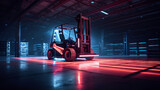 Fototapeta  - Solitary forklift in a high-ceiling warehouse, with cool neon lighting creating a futuristic atmosphere