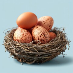 Eggs Nest On Blue Background On White Background, Illustrations Images