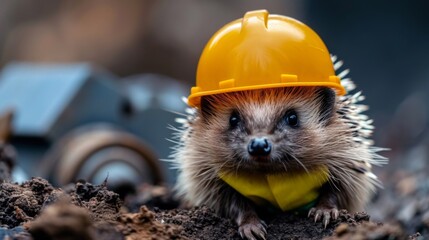 Canvas Print - A hedgehog wearing a yellow hard hat and standing on dirt, AI