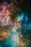 Fototapeta  - A girl or young woman with beautiful flawless glowing skin having starry astral experience in cosmic smokey environment