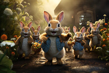 Adorable Group Of Animated Rabbits, Laden With Baskets Of Flowers And Spring Eggs, March Merrily Through A Sunlit Forest Glade.