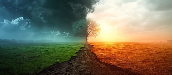 Poster - Tree under dramatic sky symbolizing climate change and nature resilience. Solitary oak in desert landscape clear dawn light. Green leaves meet arid land stark contrast of life and drought spring