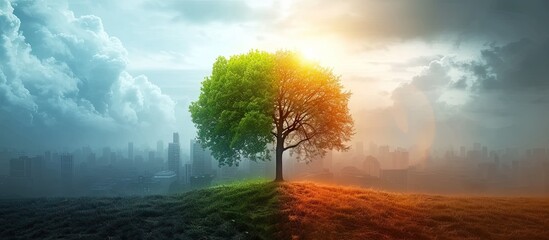 Wall Mural - tree under dramatic sky symbolizing climate change and nature resilience. solitary oak in desert lan