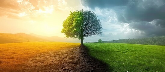 Wall Mural - tree under dramatic sky symbolizing climate change and nature resilience. solitary oak in desert lan