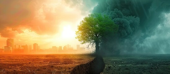 Poster - Tree under dramatic sky symbolizing climate change and nature resilience. Solitary oak in desert landscape clear dawn light. Green leaves meet arid land stark contrast of life and drought spring