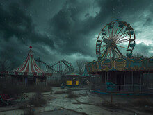 Deserted Amusement Park With Ferris Wheel And Roller Coaster Under Threatening Stormy Sky – Concept Of Abandonment, Loneliness, And Impending Doom