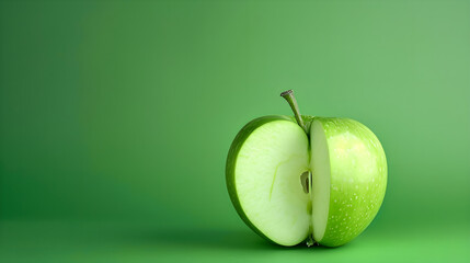 Wall Mural - Cut sour green apple and slice on green light background
