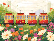 Vintage San Francisco Cable Cars Illustration, Tourist Attraction Concept - Vibrant Fleet of Classic Trams - Ideal for Travel and Urban Exploration Themes