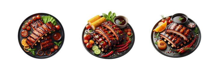 Wall Mural - Set of BBQ Ribs on a black plate, isolated over on transparent white background