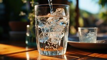 Water Pouring Into A Glass On A Wooden Table. Close Up Photo Of A Glass Of Water. Glass Of Water.