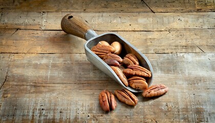 Wall Mural - pecan nuts in a rustic scoop against a grunge wood background