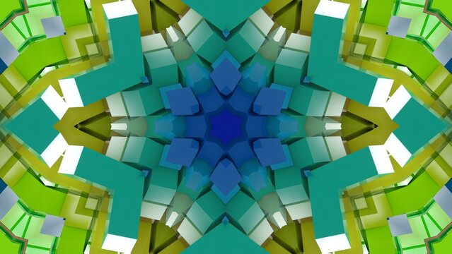 farbenfrohe symmetrische sternenförmige Geometrie - farbige Sterne,grün, blau, Fraktale, Perspektive, Flächen, Formen, Winkel, Körper, Symmetrie, Rendering
