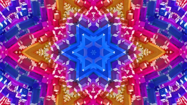 farbenfrohe symmetrische sternenförmige Geometrie - farbige Sterne, rot, blau, Fraktale, Perspektive, Flächen, Formen, Winkel, Körper, Symmetrie, Rendering
