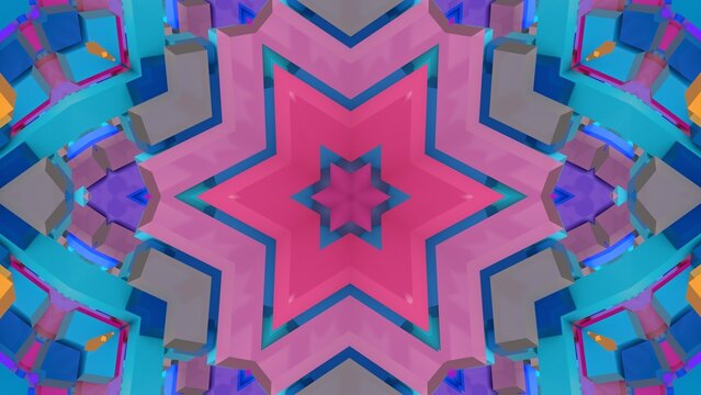 farbenfrohe symmetrische sternenförmige Geometrie - farbige Sterne, rot, blau, Fraktale, Perspektive, Flächen, Formen, Winkel, Körper, Symmetrie, Rendering
