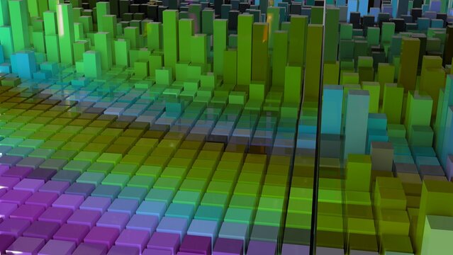 Geometrie - farbige Quader - Skyline - Architektur, Perspektive, Flächen, Formen, Winkel, Körper, Symmetrie, Rendering
